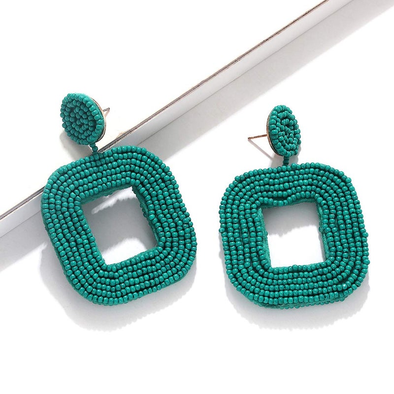 Boderier Beaded Drop Earrings Bohemian Wire Wrapped Beaded Square Hoop Dangle Statement Earrings (Blue) - Image 2